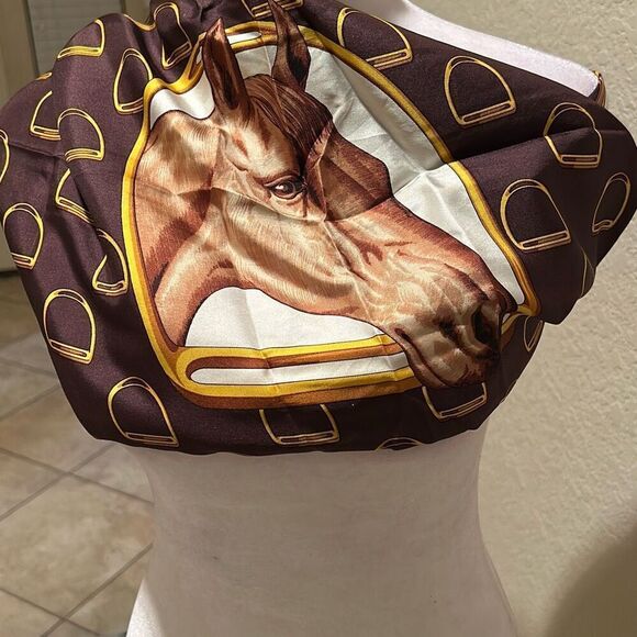 Celine Square Scarf 34x34 Horse Print Brown Gold Equestrian Derby 100% Silk Rare - Picture 1 of 11